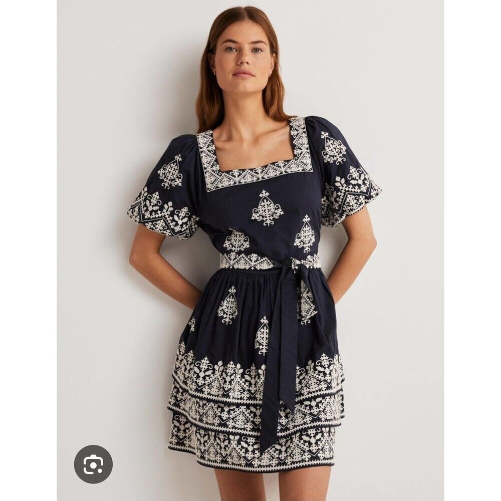 Boden Women Square Neck Rara Tiered Lace Embroidered Ruffle Dress Sz 8 Bohemian
